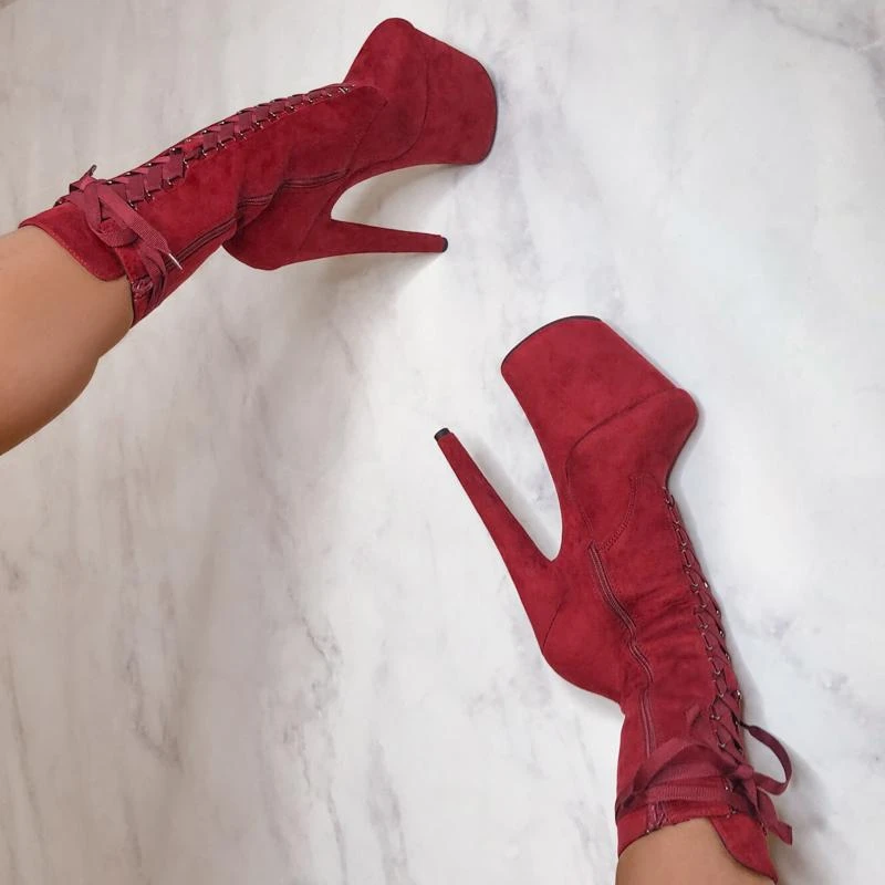 Hella Heels High BabyDoll 8inch Boots - Dark Red 4 Hella Heels High BabyDoll 8inch Boots - Dark Red - Image 4