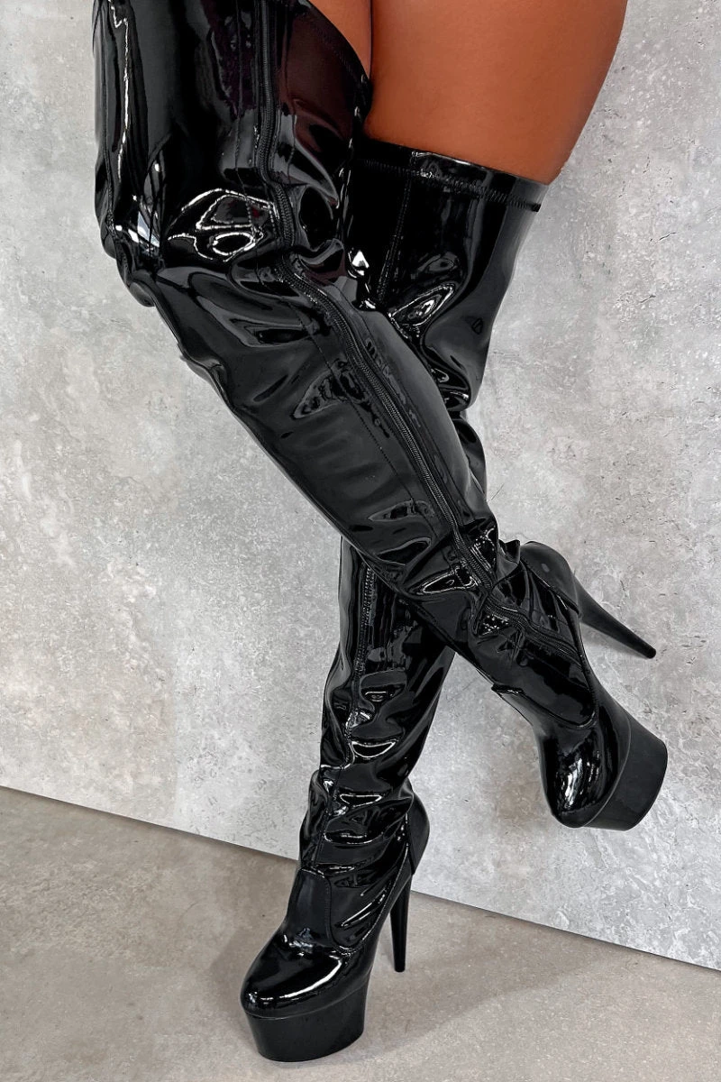 Hella Heels LipKit Thicc Thigh High Back Lace 7inch Boots - Black Beatle 5 Hella Heels LipKit Thicc Thigh High Back Lace 7inch Boots - Black Beatle - Image 5