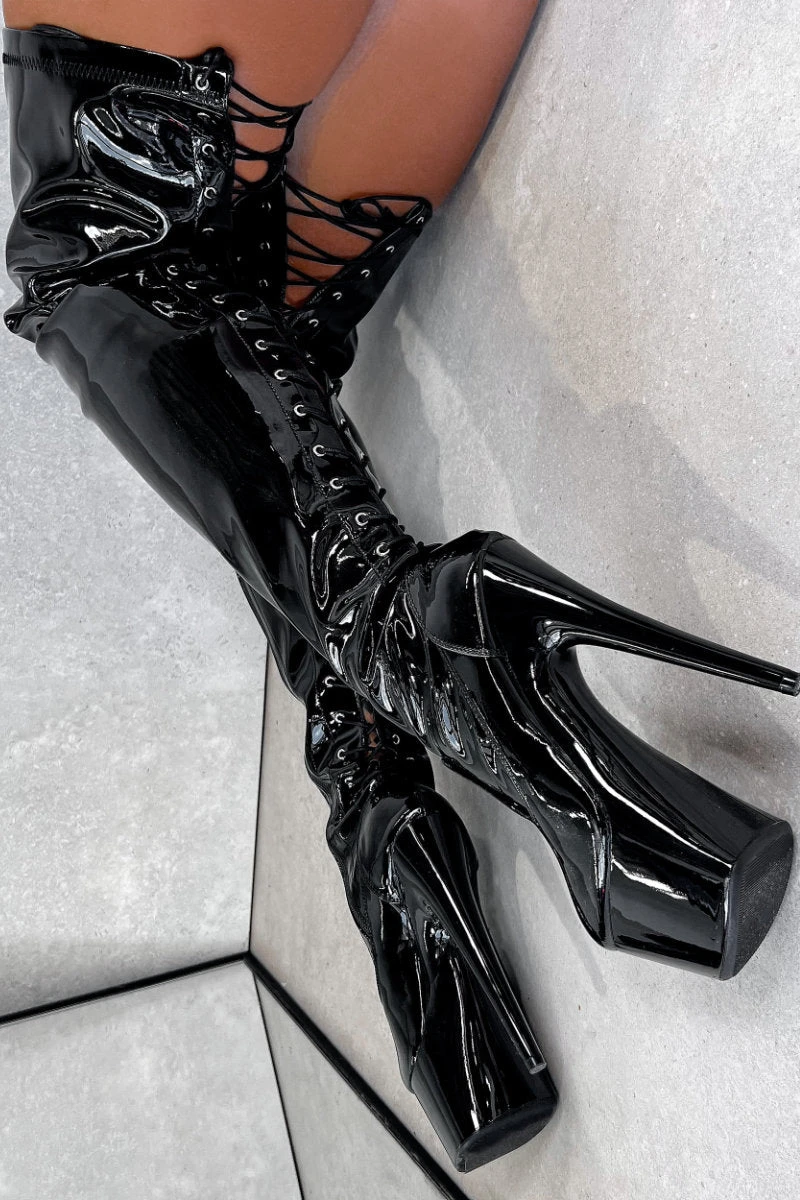 Hella Heels LipKit Thicc Thigh High Back Lace 7inch Boots - Black Beatle 2 Hella Heels LipKit Thicc Thigh High Back Lace 7inch Boots - Black Beatle - Image 2