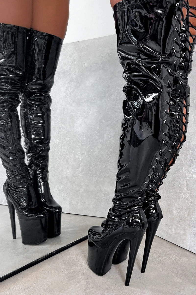 Hella Heels LipKit Thicc Thigh High Back Lace 8inch Boots - Black Beatle 3 Hella Heels LipKit Thicc Thigh High Back Lace 8inch Boots - Black Beatle - Image 3