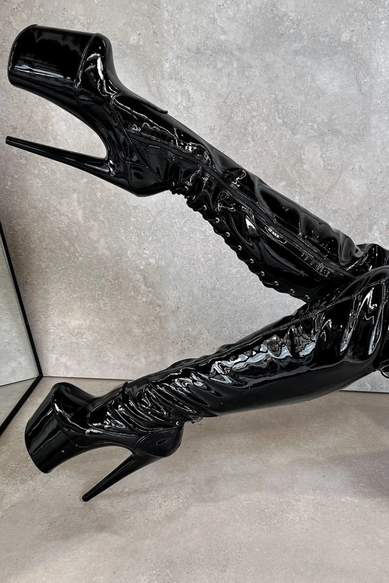 Hella Heels LipKit Thicc Thigh High Back Lace 8inch Boots - Black Beatle 2 Hella Heels LipKit Thicc Thigh High Back Lace 8inch Boots - Black Beatle - Image 2