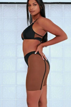 CXIX Silhouette Biker Shorts - Black With Cocoa Mesh 7 CXIX Silhouette Biker Shorts - Black With Cocoa Mesh -Pole Wear Shop Cocoa CXIX Shilouette Mesh biker shorts bralette dance poledance