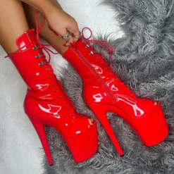 Hella Heels LipKit Open Toe 8inch Boots - Cherry Pie -Pole Wear Shop LipKit Cherry Pie Open Toe Boot Red 8 inch pole shoes Hella Heels 10