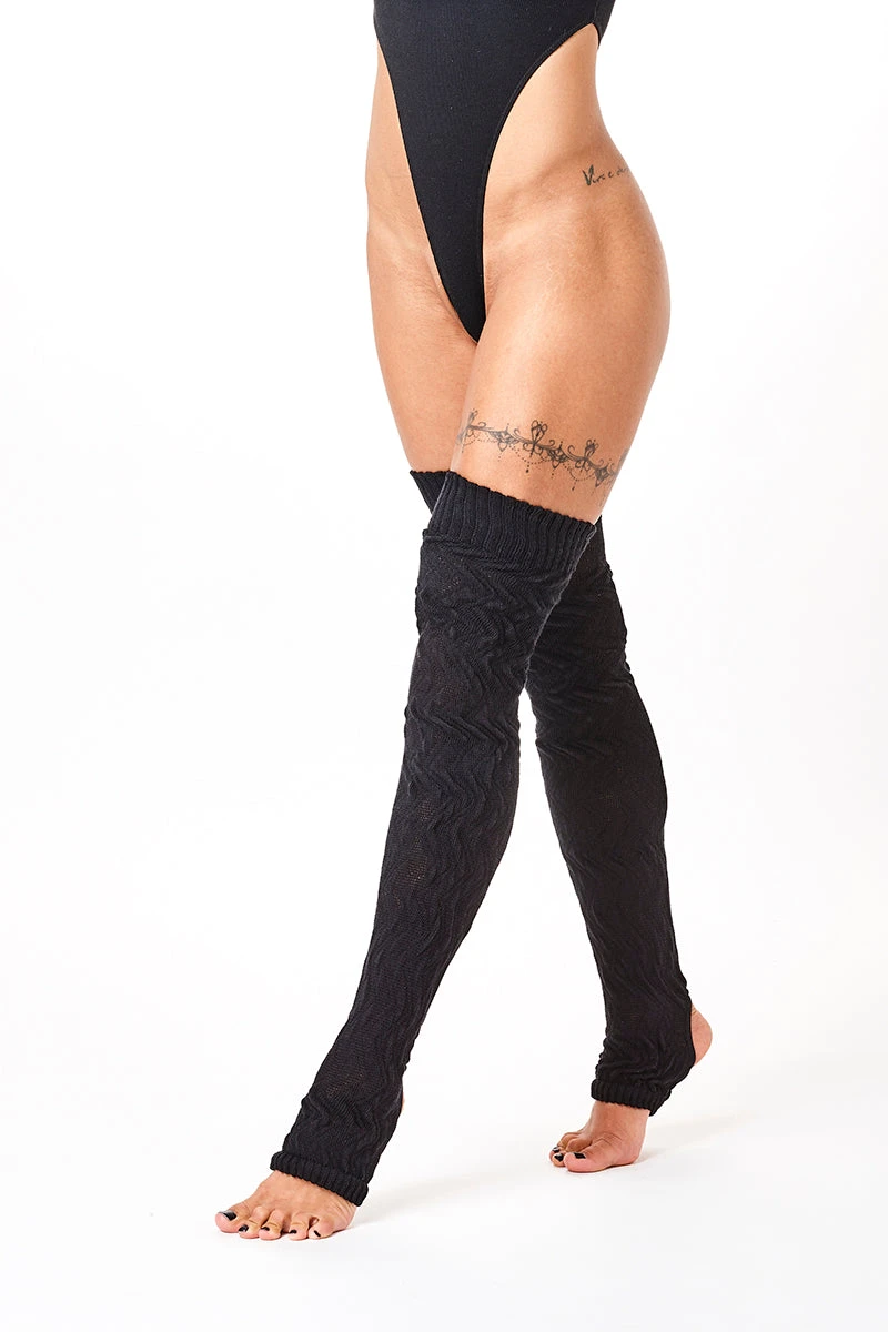 Rolling Cable Knit Thigh High Leg Warmers With Stirrups - Noir 1 Rolling Cable Knit Thigh High Leg Warmers With Stirrups - Noir