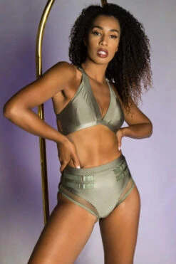 Tatiana Activewear Isla Top - Shiny Khaki -Pole Wear Shop Tatiana Active Isla Shiny Khaki High Waisted Mesh Low Cut Pole Wear Set 2 8cac4278 d9a9 461f a83c fee4ebe561a7