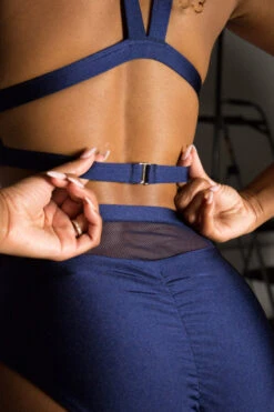 Tatiana Activewear Lucia Top - Shiny Navy 8 Tatiana Activewear Lucia Top - Shiny Navy -Pole Wear Shop TatianaActive LuciaShinyNavyHighWaistedHalterNeckMeshPoleWearSet 2 4