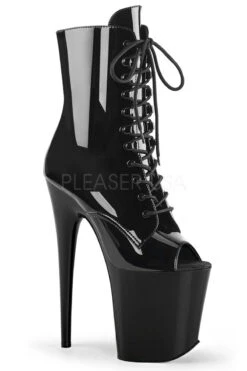 Pleaser USA Flamingo-1021 8inch Pleaser Peep Toe Boots - Patent Black