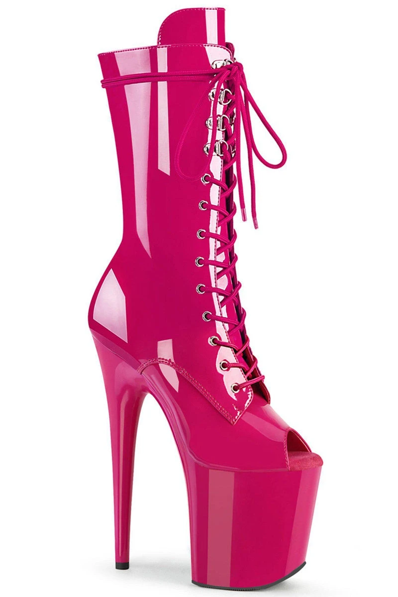 Pleaser USA Flamingo-1051 8inch Peep Toe Pleaser Boots - Patent Hot Pink 1 Pleaser USA Flamingo-1051 8inch Peep Toe Pleaser Boots - Patent Hot Pink