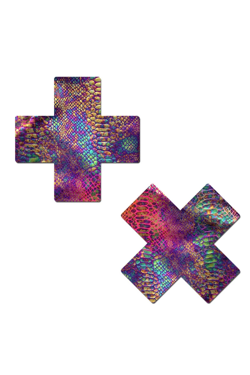 Pastease Cross Nipple Pasties - Neon Rainbow Snake Print 1 Pastease Cross Nipple Pasties - Neon Rainbow Snake Print
