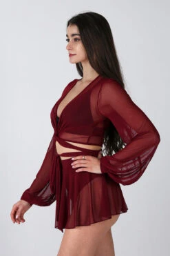REV ACTIV Mesh Wrap Blouse - Wine 7 REV ACTIV Mesh Wrap Blouse - Wine -Pole Wear Shop wine mesh set pleasure skirt blouse 1